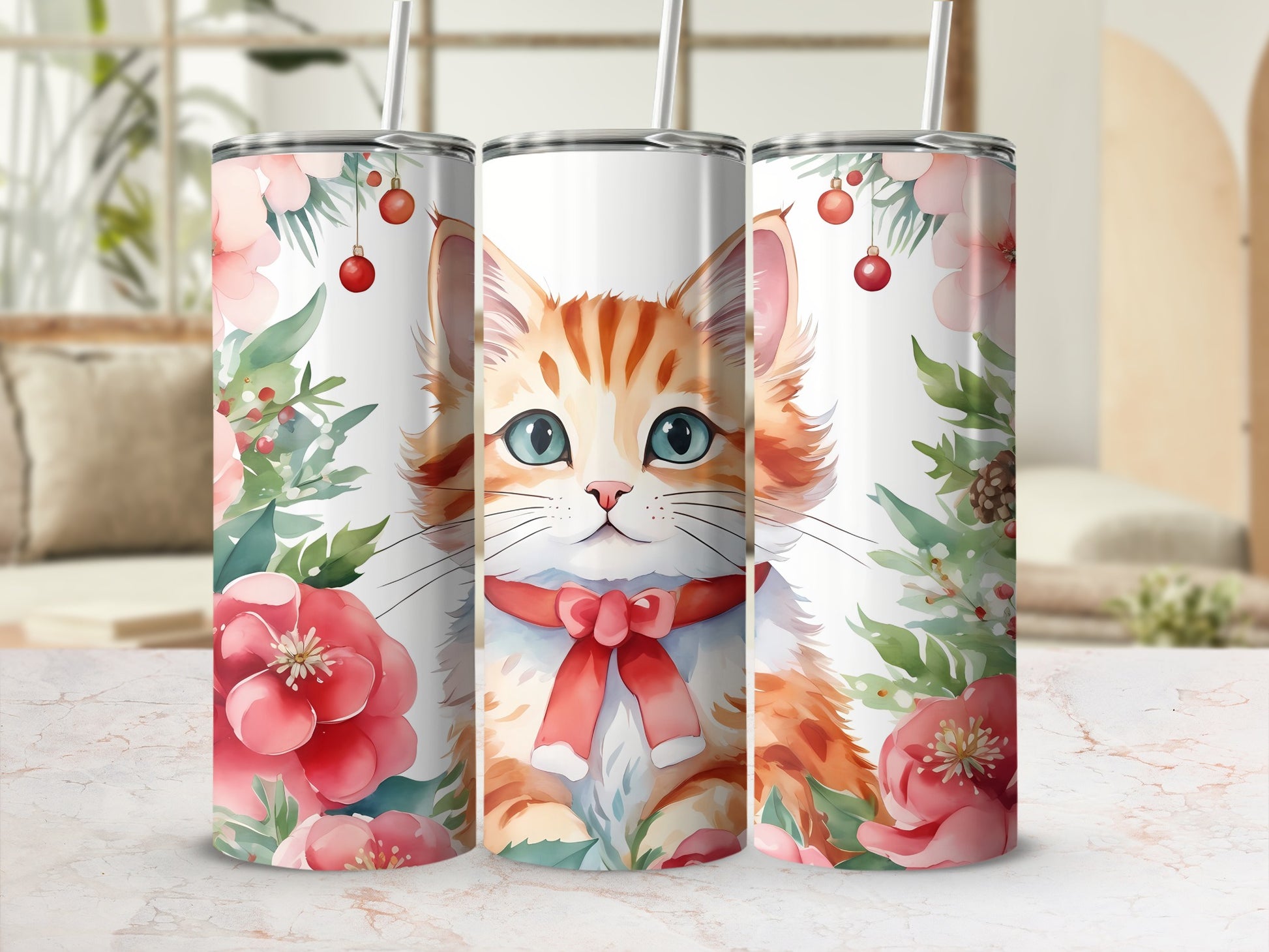 Orange tabby cat with blue eyes and red ribbon on floral tumbler.