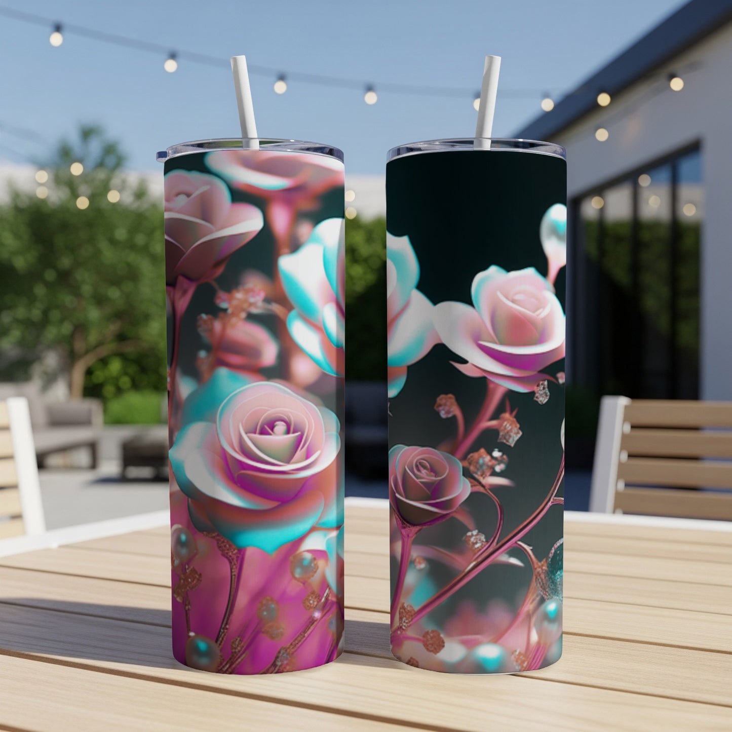Two tumblers with iridescent pink and blue roses on a patio table.