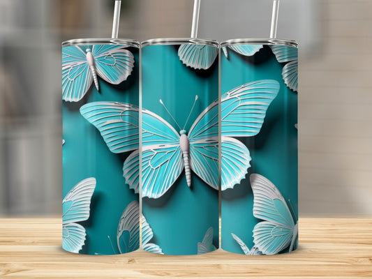 Three teal tumblers with a repeating white butterfly pattern.