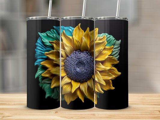 Three black tumblers featuring a detailed sunflower design.