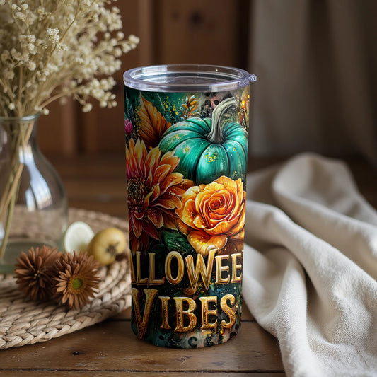 Halloween Vibes Text and Floral Design Tumbler