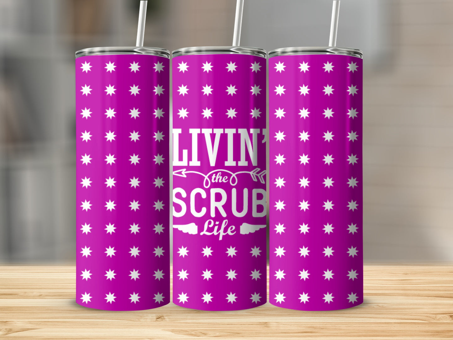 Pink tumbler with white stars and "Livin the Scrub Life" text.