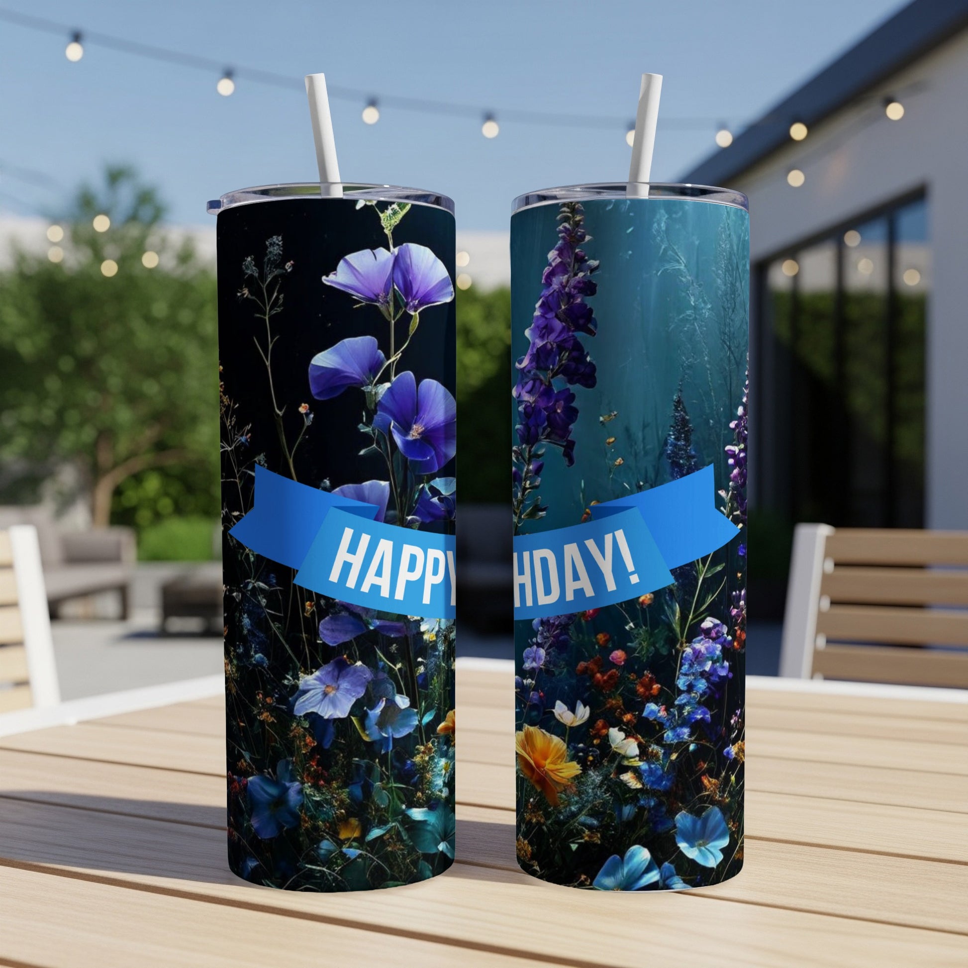 Two tumblers with a floral design and "HAPPY BIRTHDAY!" banner.