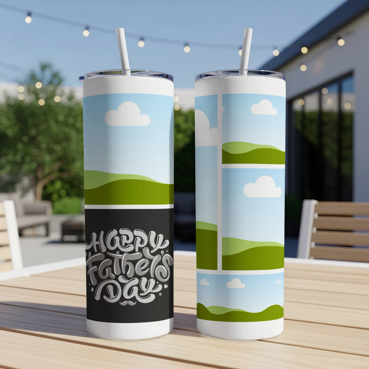 Two tumblers with landscape designs and a "Happy Father's Day" message.
