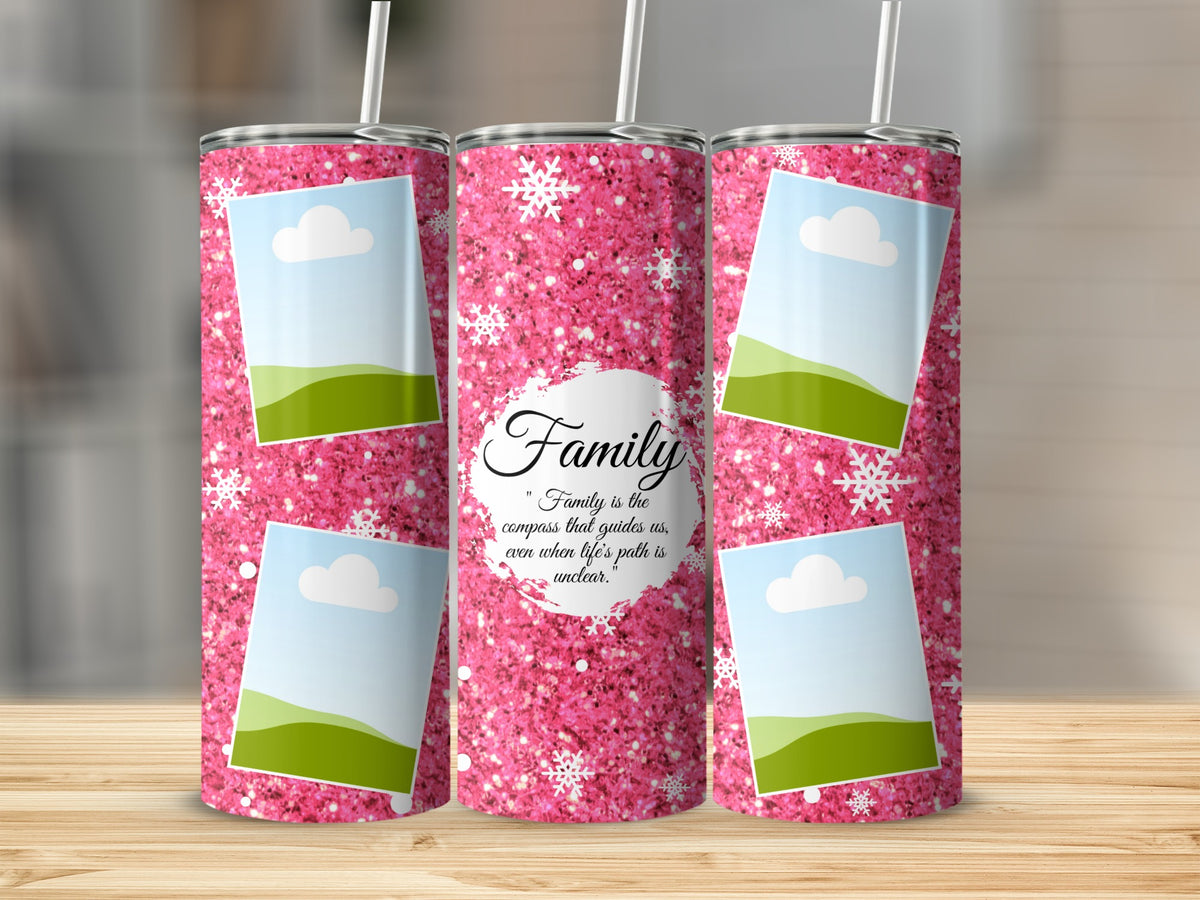 Pink glitter tumbler with snowflakes, framed photos, and "Family" quote.