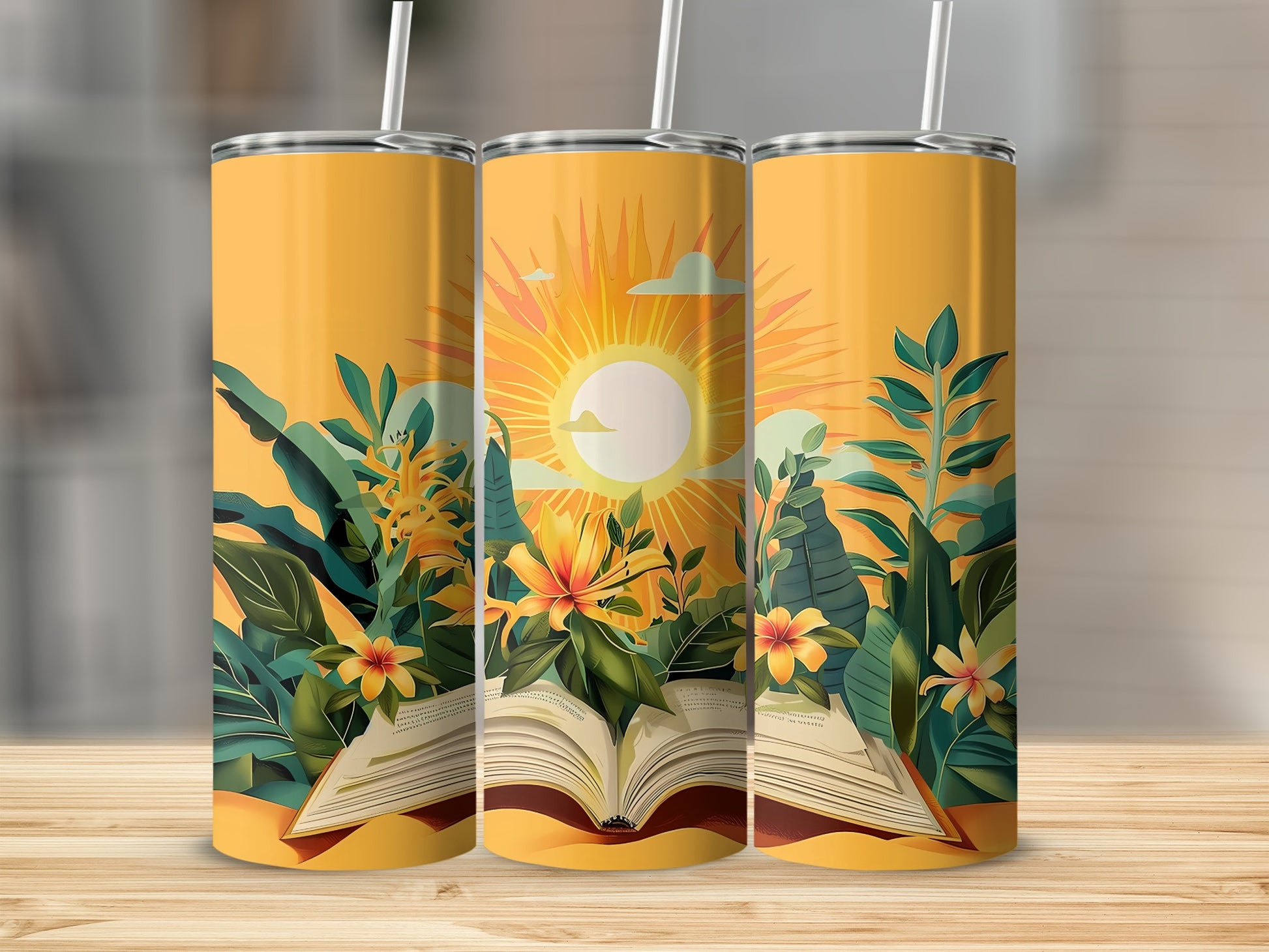 Vibrant Tropical Sunrise Open Book Foliage Art Tumbler product type
Sunrise design
Tropical leaves
Floral pattern
Open book art
Nature inspired
Vibrant colors
Literary theme
Summer aesthetic
Jungle foliage
Yellow flowers
Reading time
Sun rays
Botanical print
Unique design
Artistic tumbler
Travel cup
Drinkware gift
Boho style
Peaceful scene
Outdoors vibe