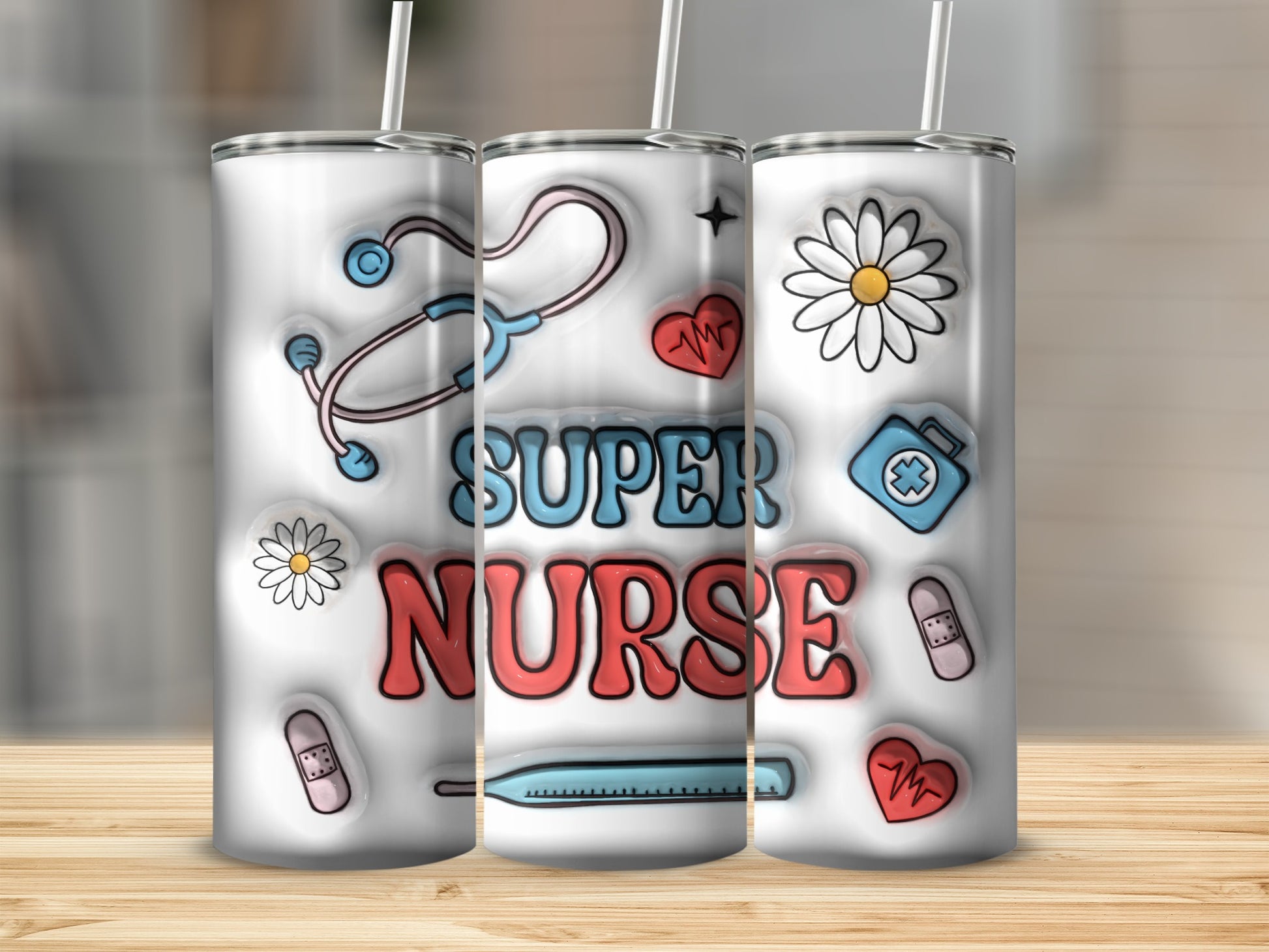 Tumbler with "Super Nurse" text and medical icons like stethoscope, thermometer, and daisies.