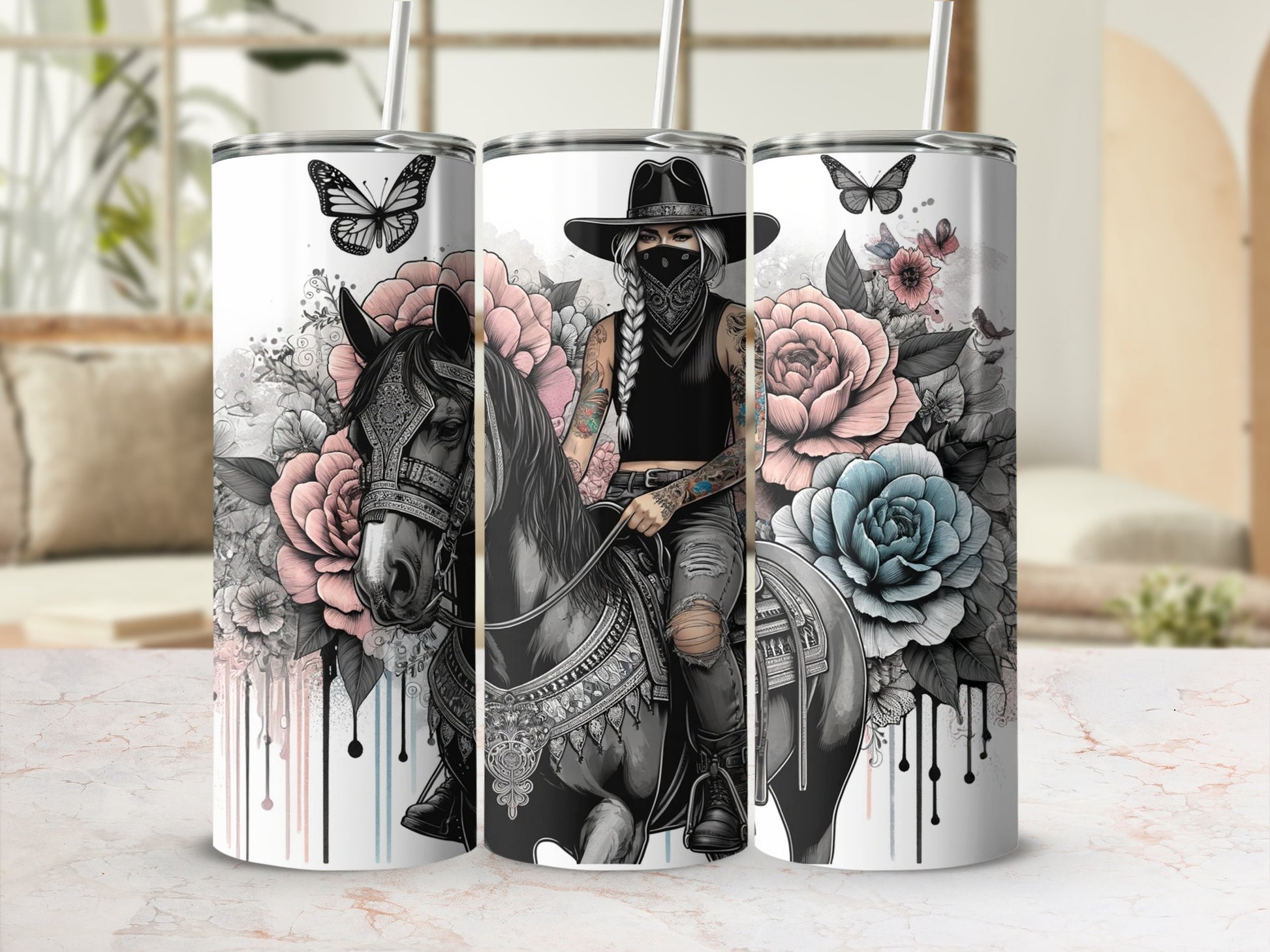 Tattooed woman in cowboy hat rides horse, surrounded by colorful flowers and butterflies.