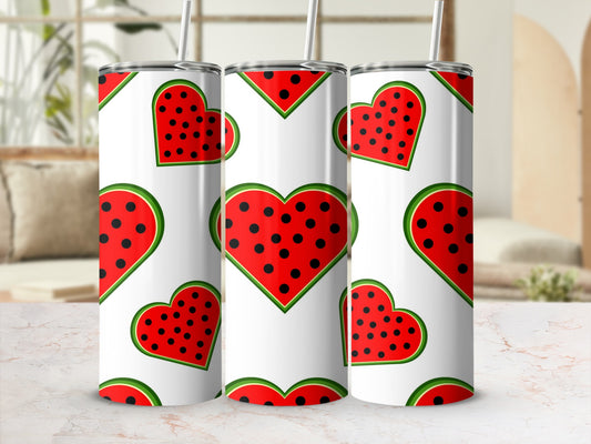 Three tumblers with a red heart-shaped watermelon slice pattern.