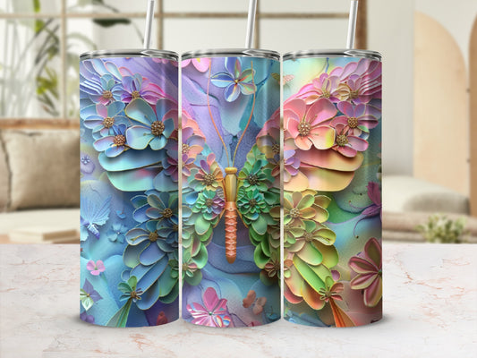 Triptych of pastel butterfly wings with embossed floral details and floral accents.
