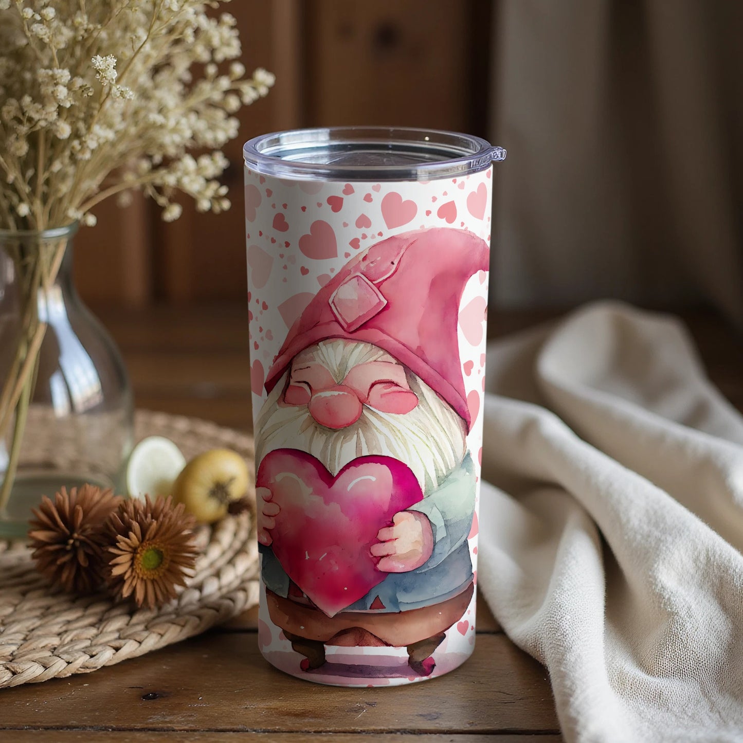 Cute Pink Gnome Holding Heart Valentine's Gift Tumbler
