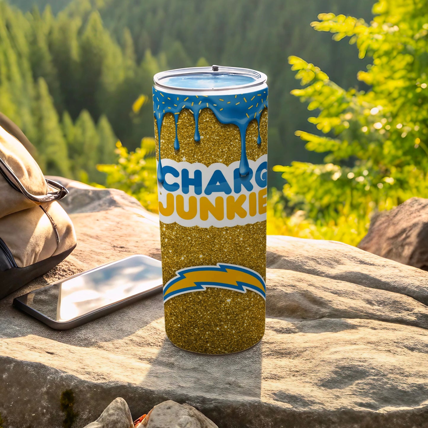 Charge Junkie Glitter Design Tumbler with Lid