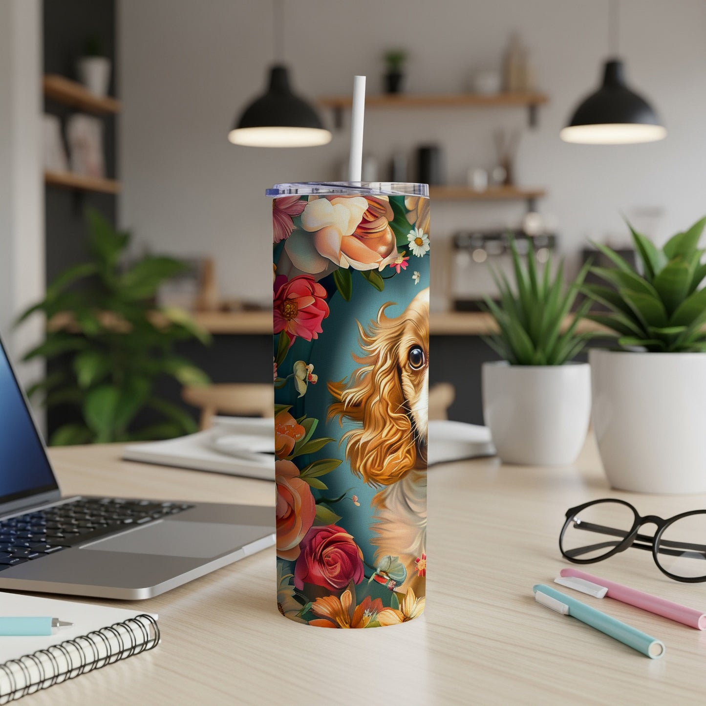 Cavalier King Charles Spaniel dog with floral pattern on a skinny tumbler.
