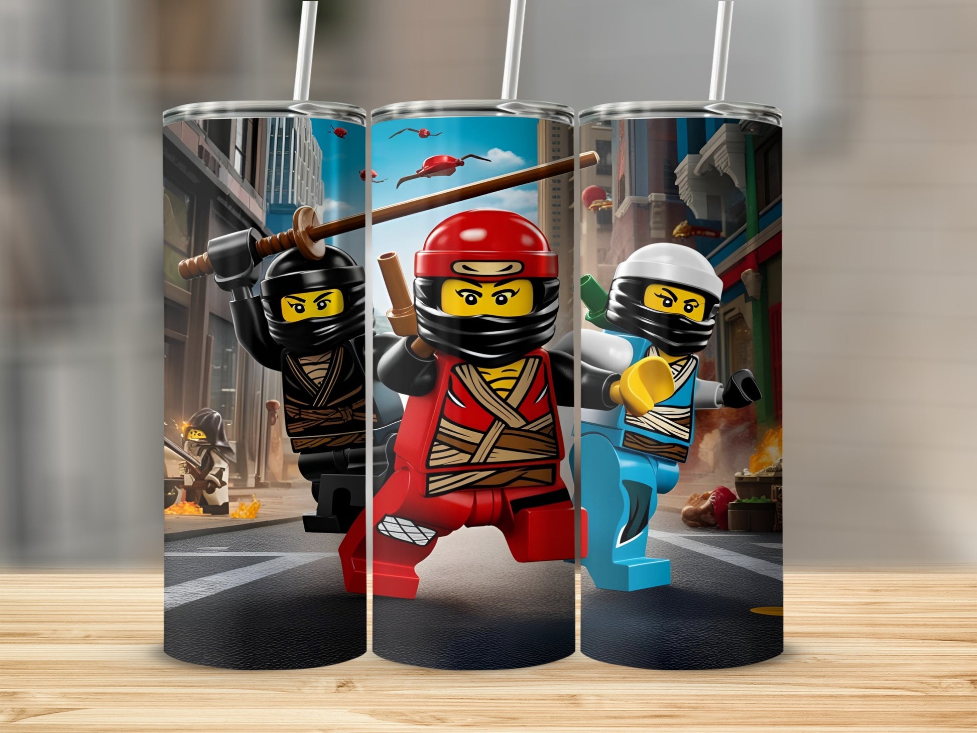 Three Lego Ninjago characters in action poses on a city street background.