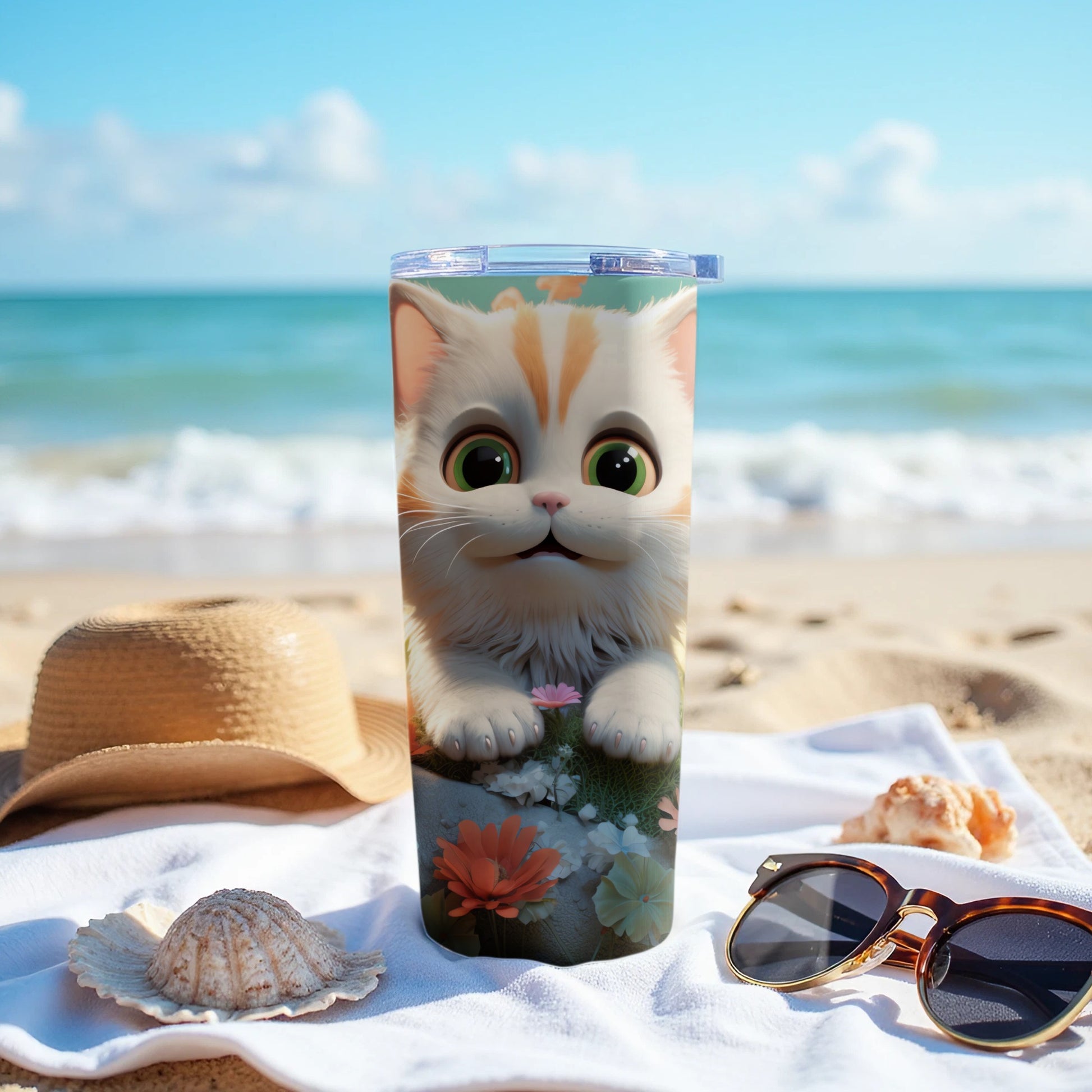 Adorable Cartoon Cat Design Green Eyes Flowers Tumbler product type
