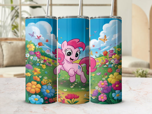 Pinkie Pie from My Little Pony running in a field of colorful flowers.