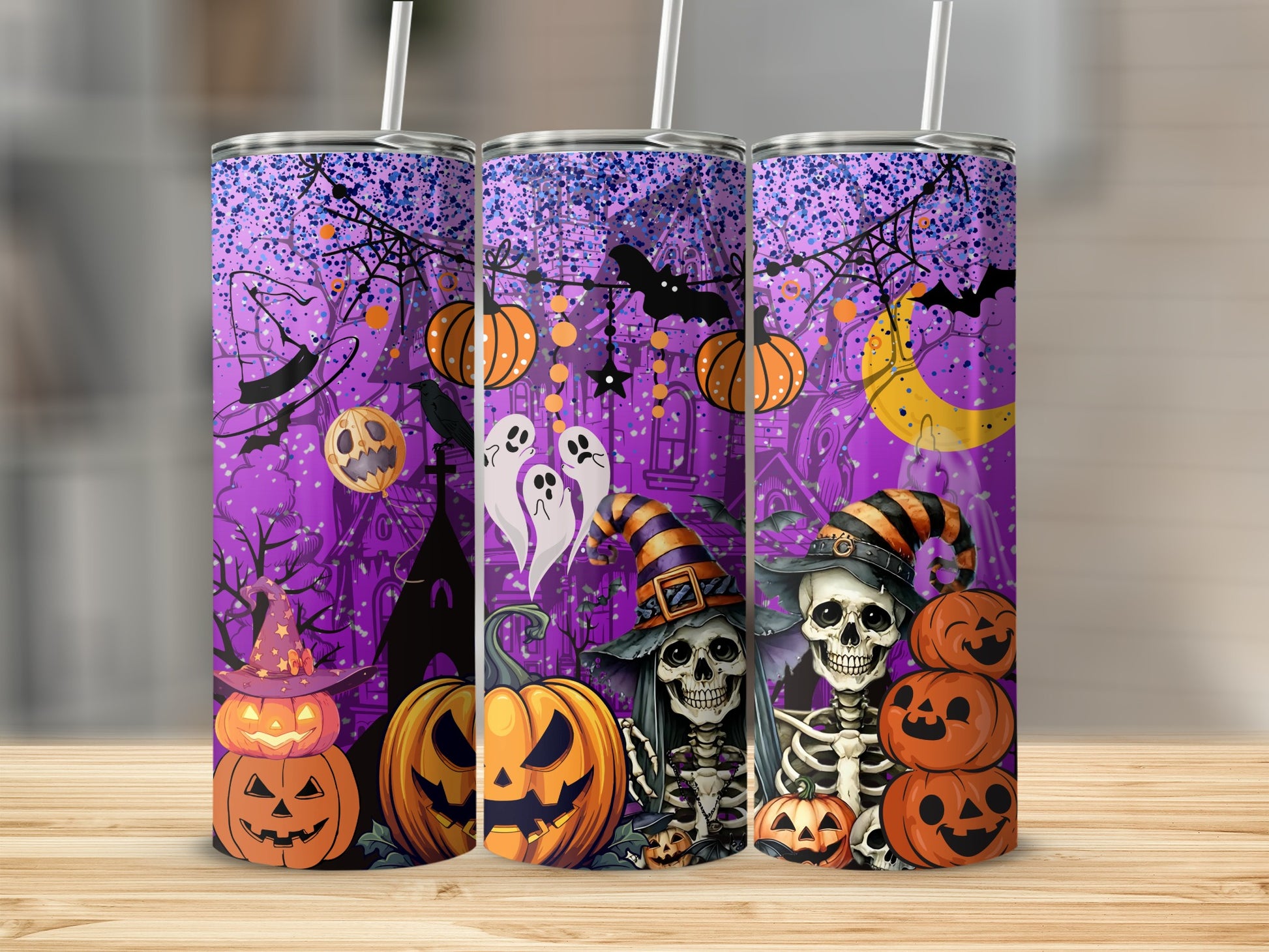 Halloween Themed Tumblers with Skeletons and Pumpkins