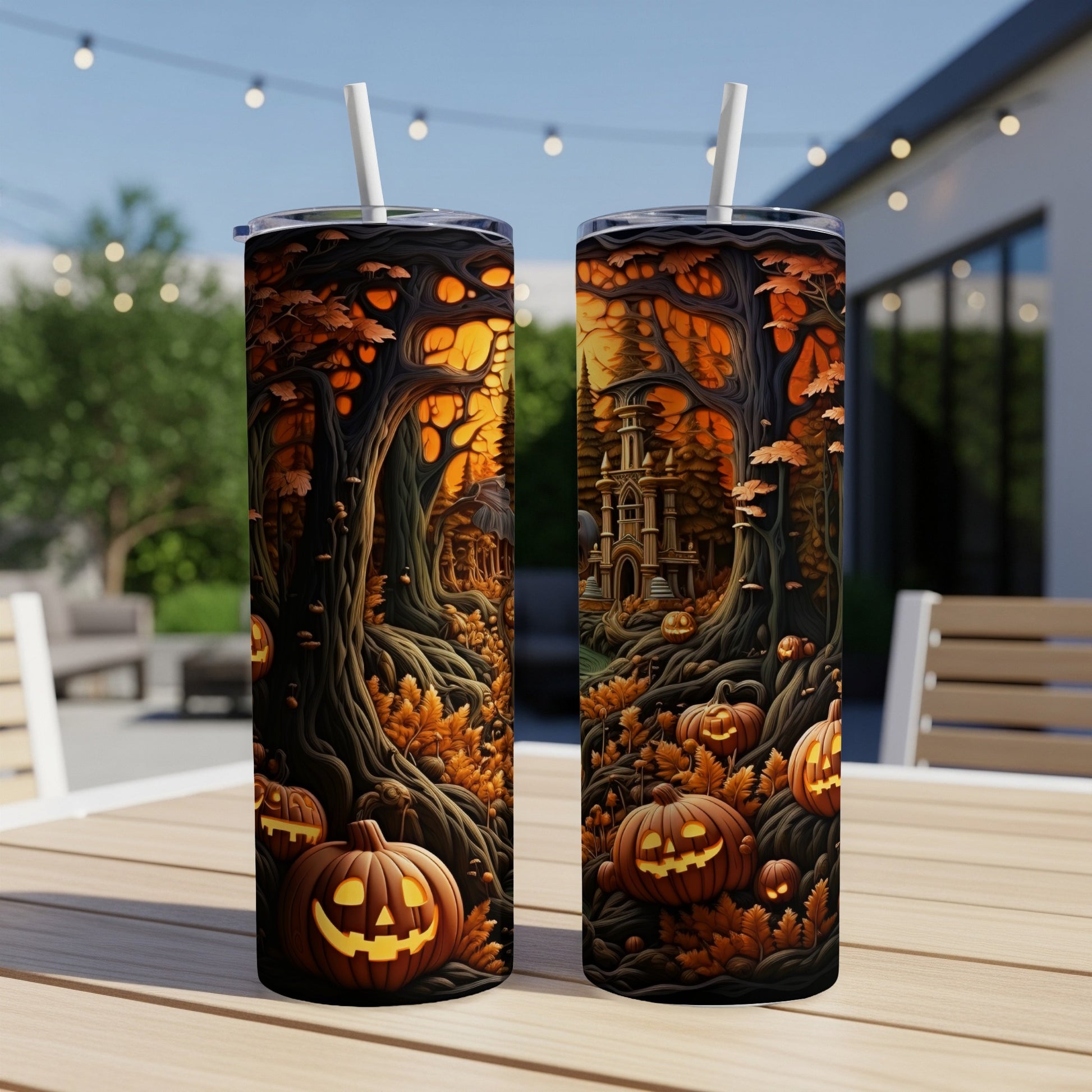 Two Halloween themed tumblers with spooky forest and castle scenes.