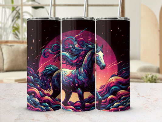 Cosmic horse with flowing mane and starry mane against a sunset.