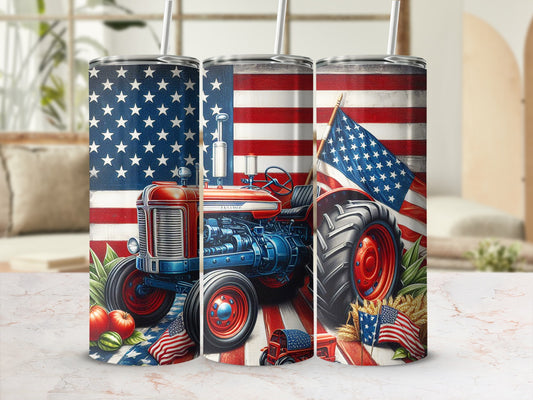 Tractor with American flag design, surrounded by fruit and wheat.
