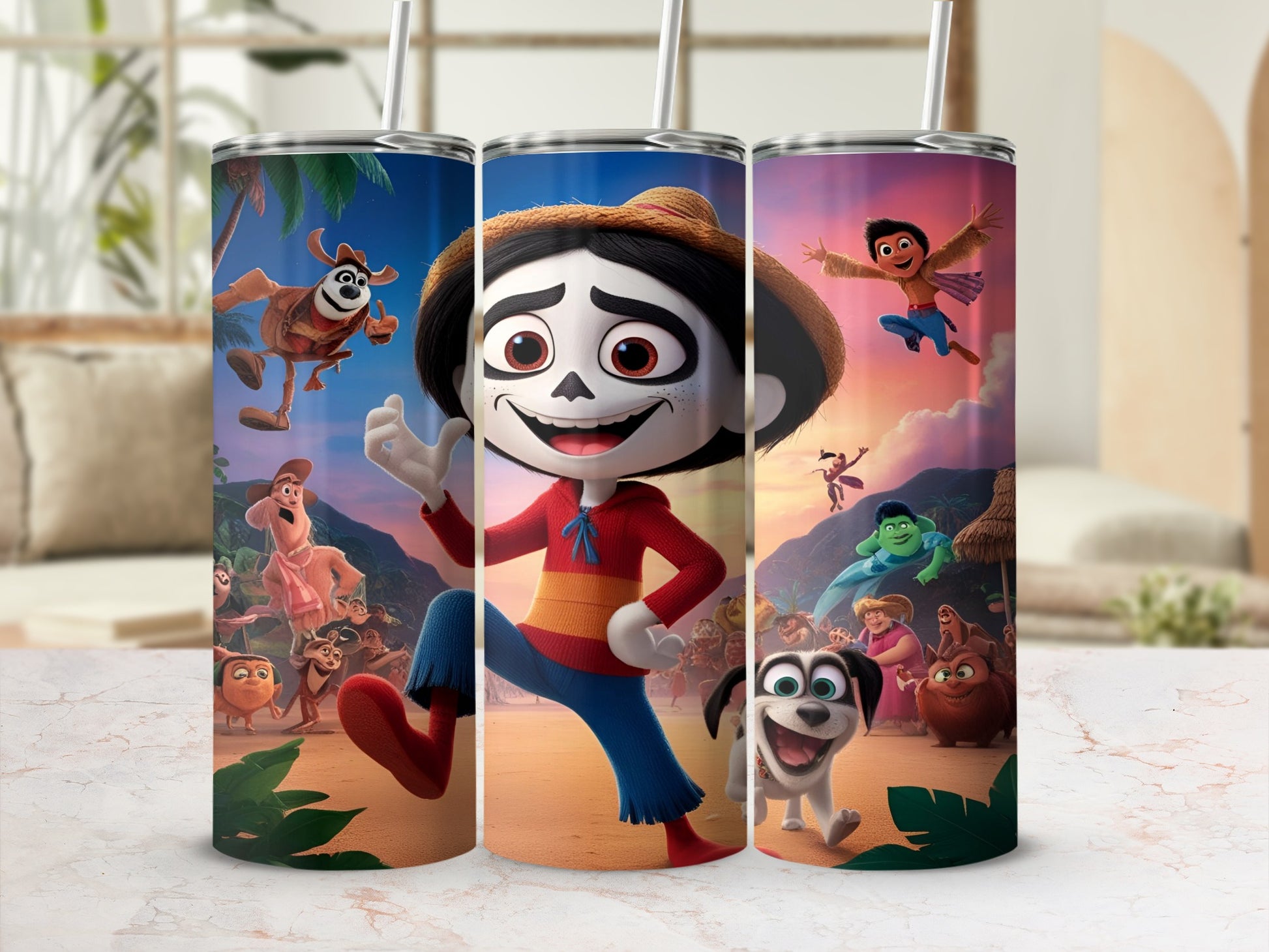 Three animated characters and a dog running in a desert landscape.