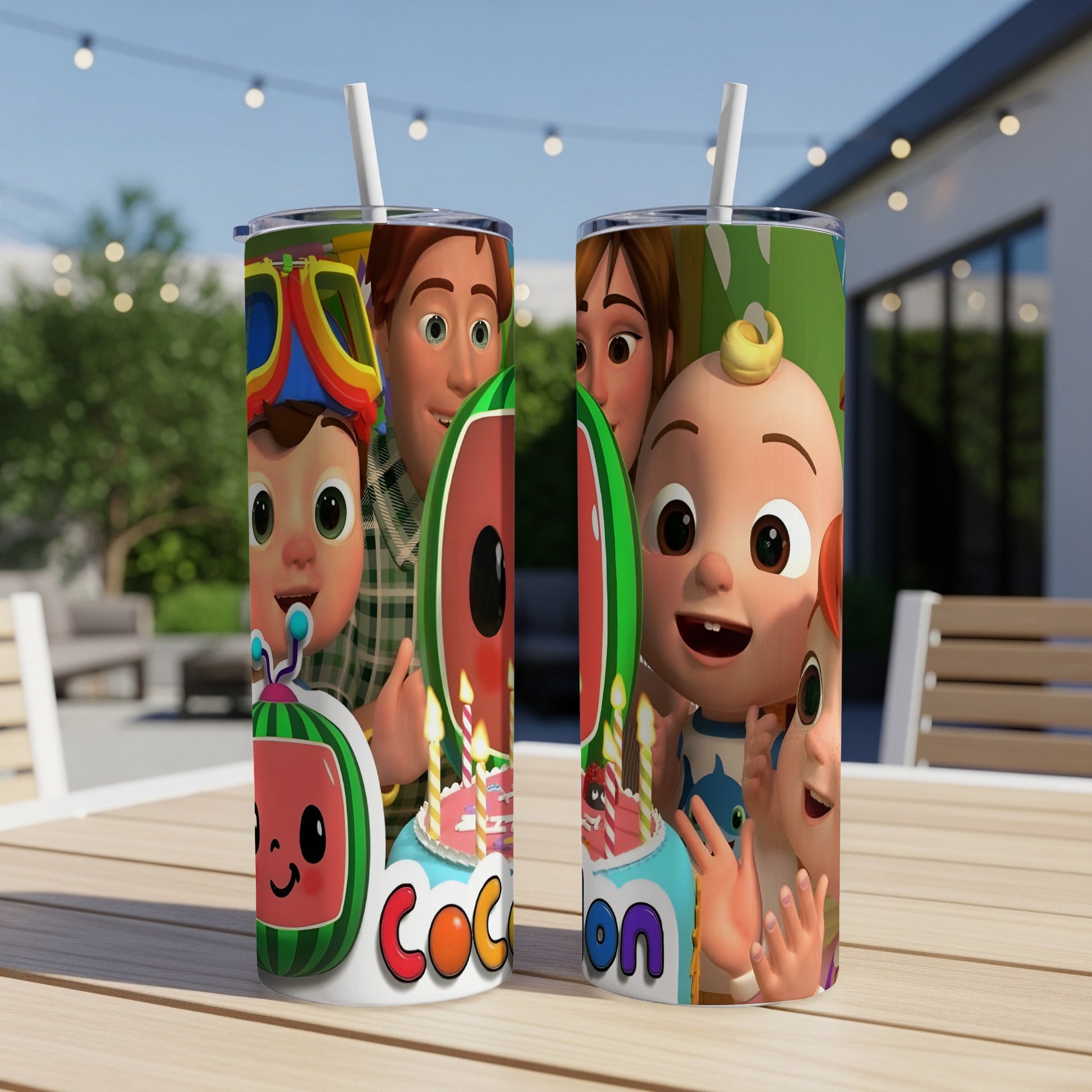 Cocomelon character tumblers with lids and straws.