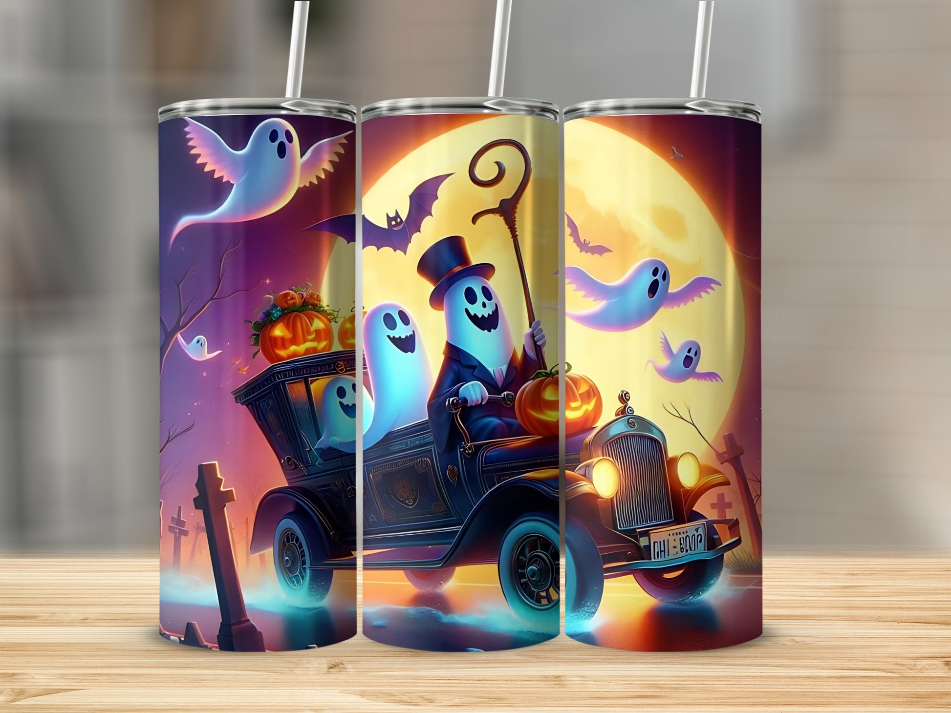 Halloween ghosts and pumpkins in a vintage car with a big moon and bats.