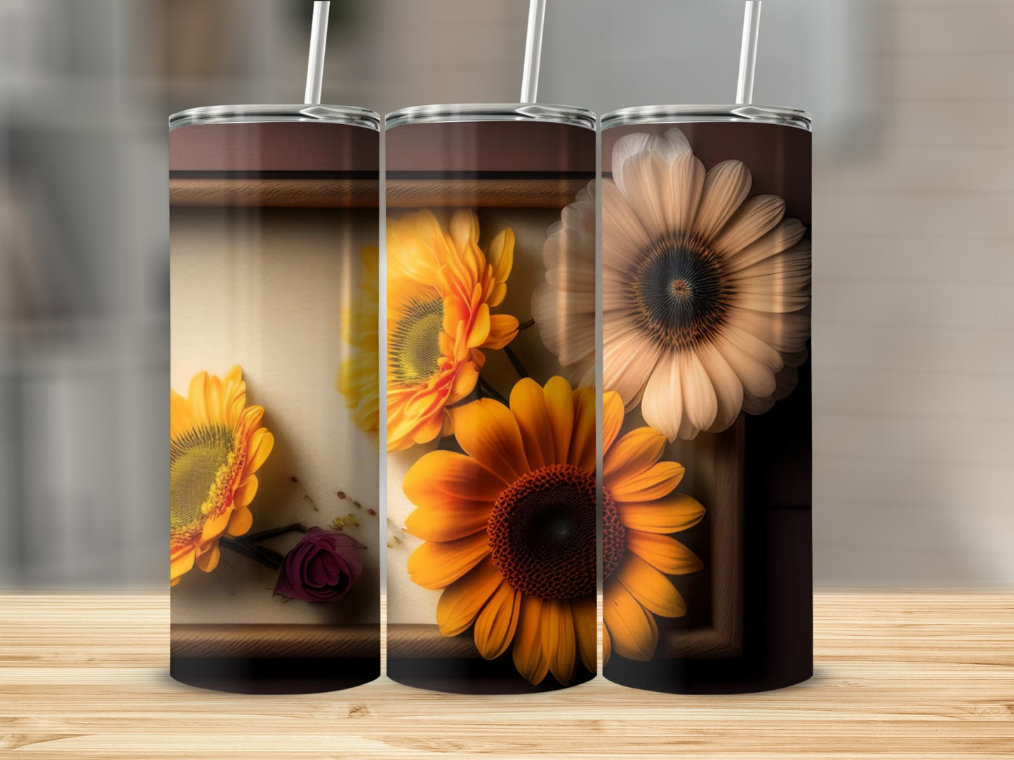 Sunflower and Daisy Floral Tumbler with Straw Set