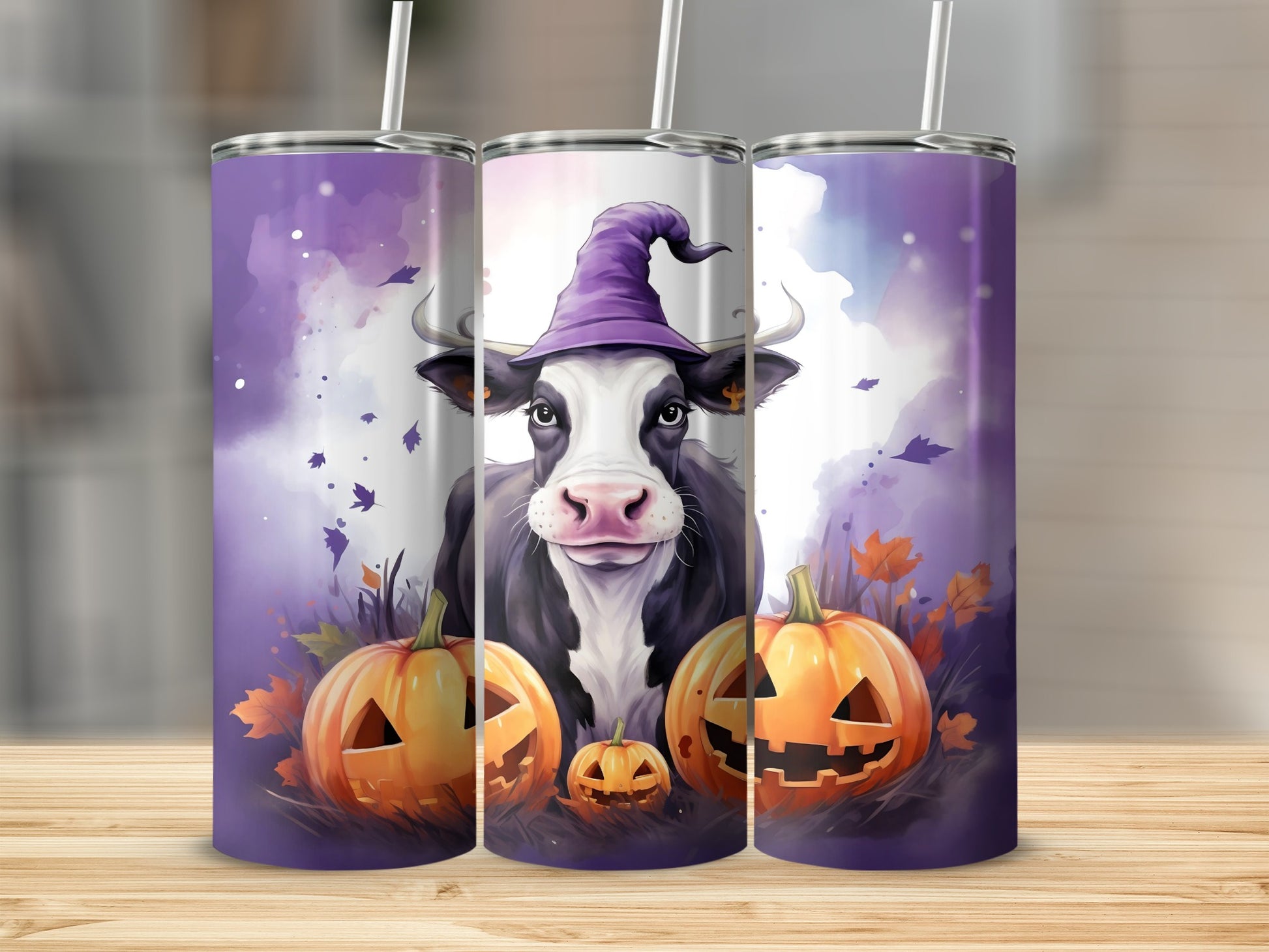 Halloween Cow Witch with Pumpkins Tumbler Design