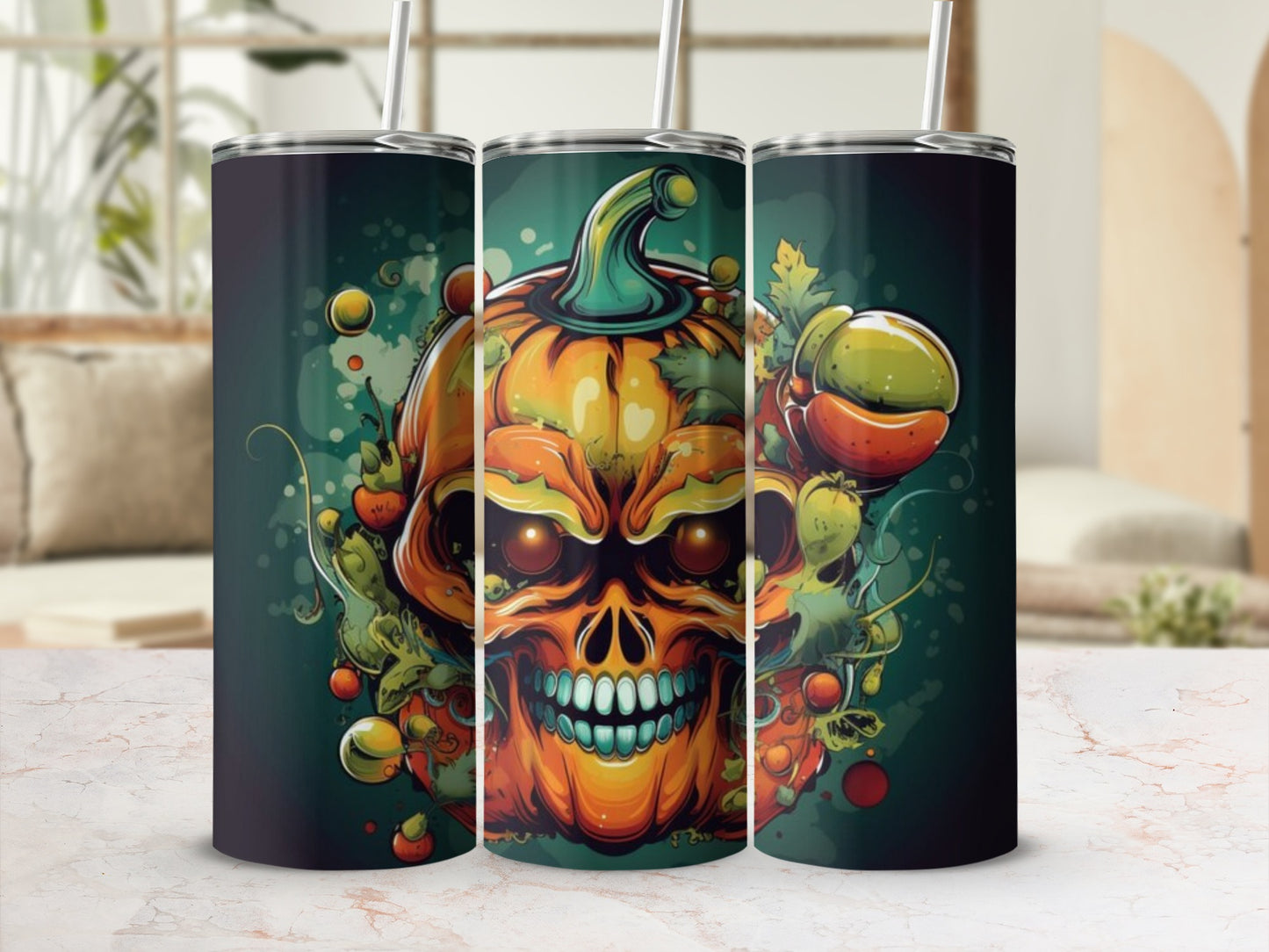 Three tumblers featuring a skull with pumpkin and fall foliage design.