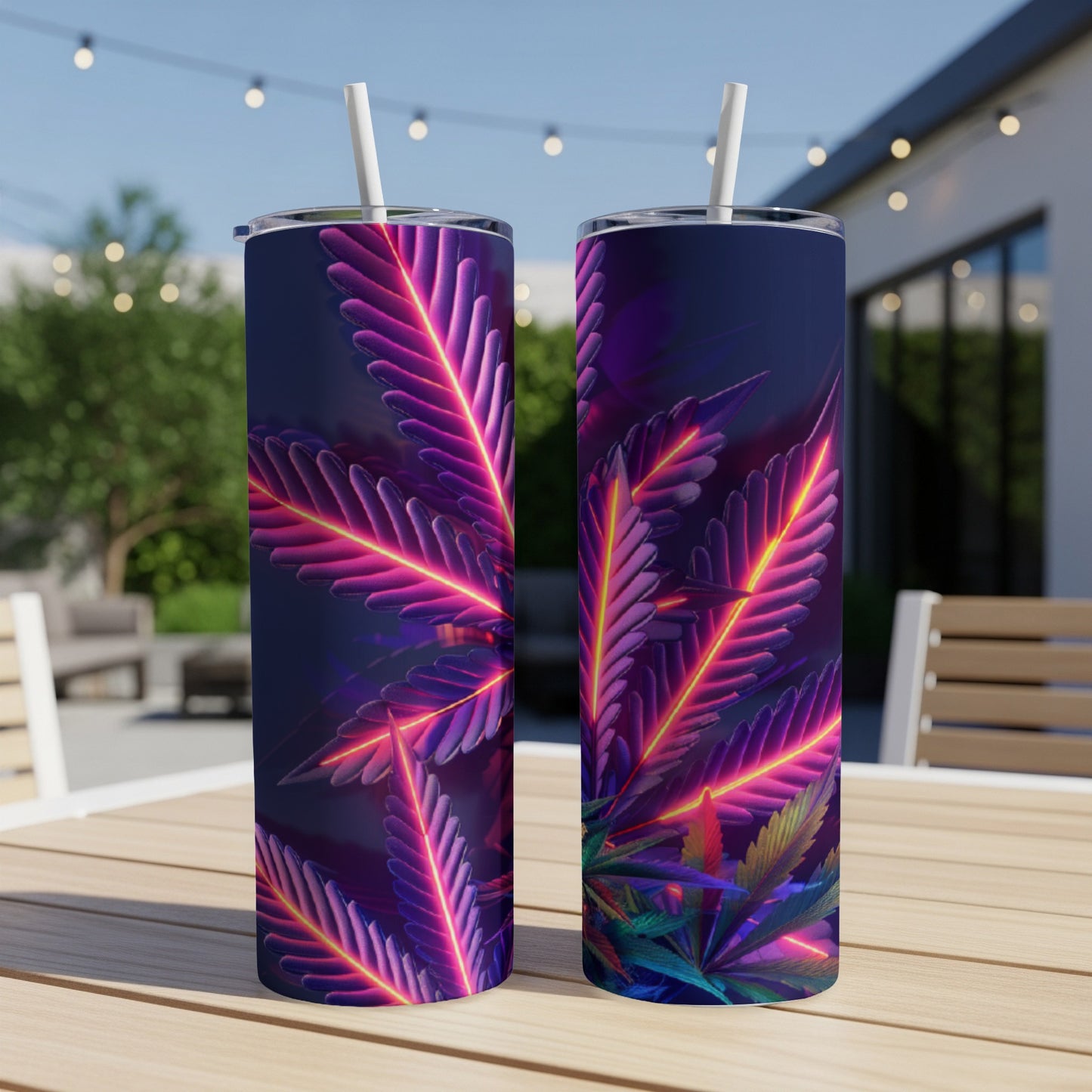 Two tall, slim tumblers with glowing purple cannabis leaf design.
