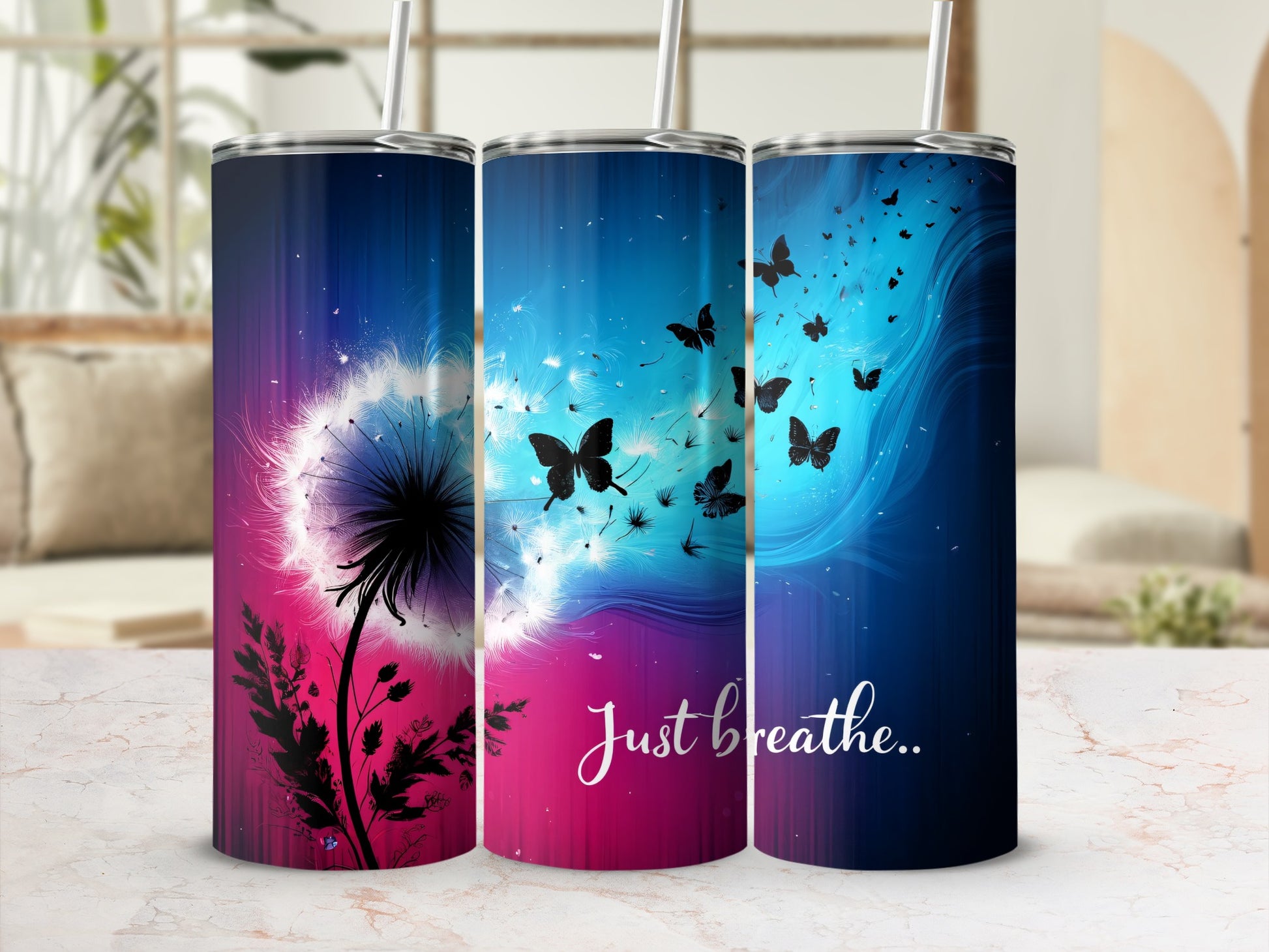 Dandelion Butterfly Purple Blue Just breathe.. Tumbler product type