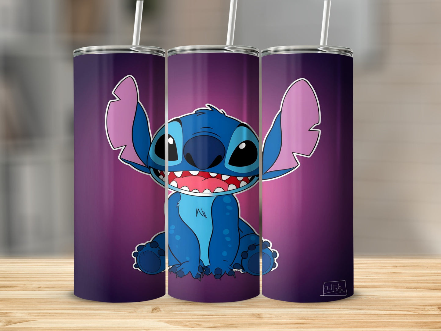 Three Stitch tumblers with a purple gradient background.