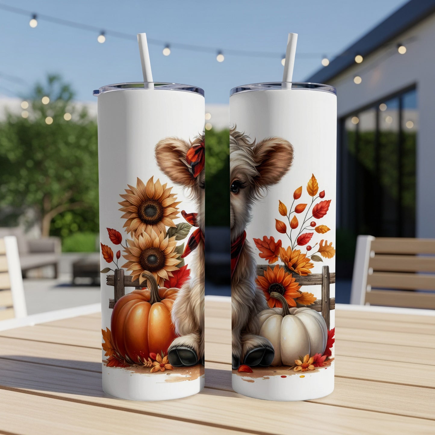 Two tumblers featuring a cute cow, pumpkins, and sunflowers.