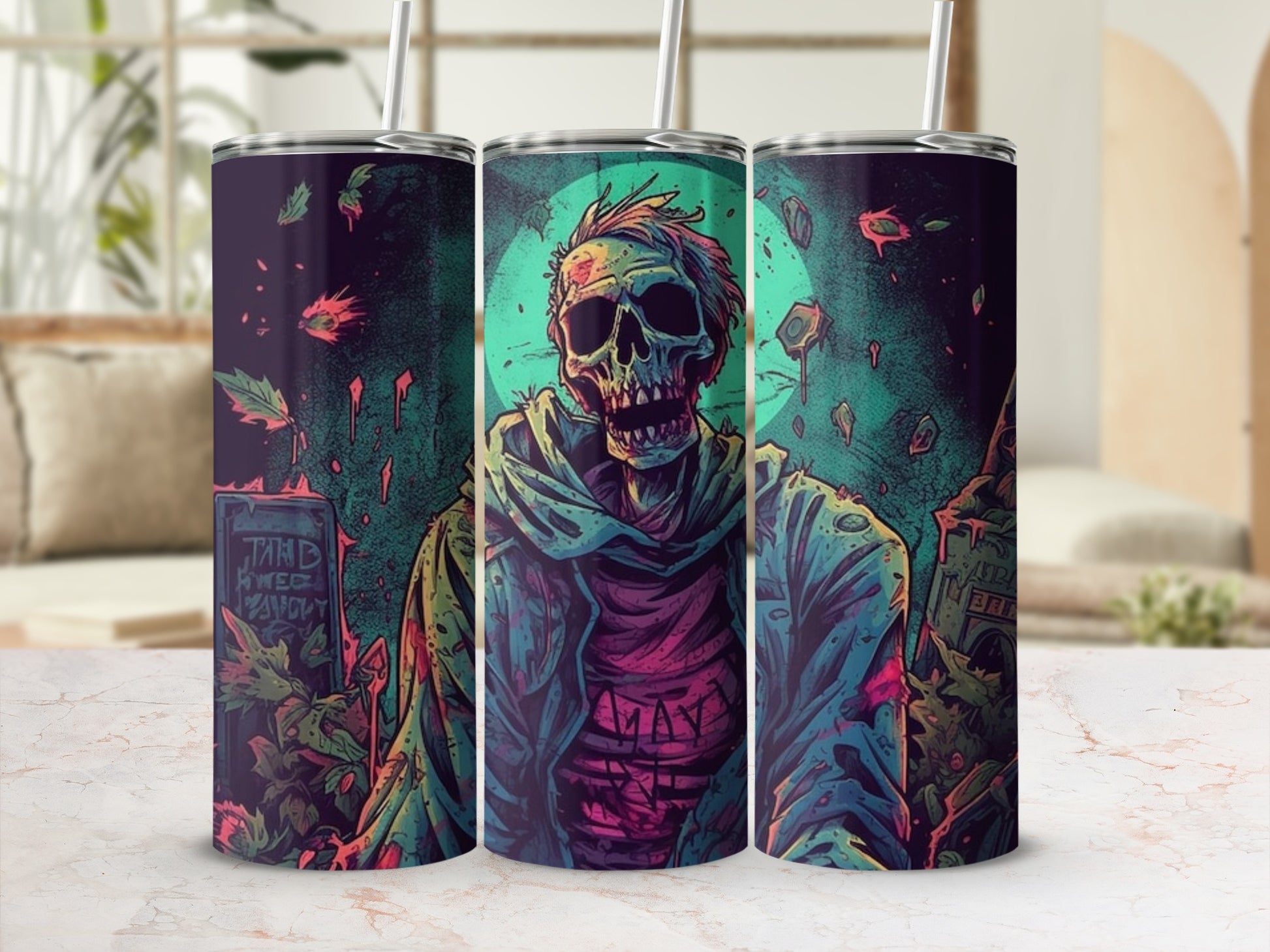 Three tumblers feature a creepy zombie with distressed clothing, surrounded by spooky elements.