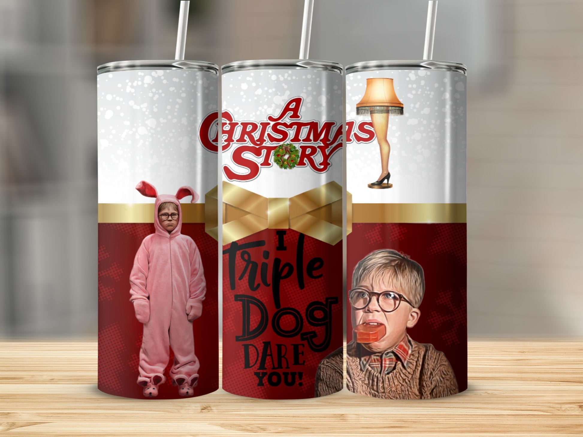 A Christmas Story tumbler with Ralphie in a bunny suit and leg lamp.