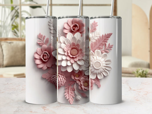 Three white tumblers with a pink floral embossed design.