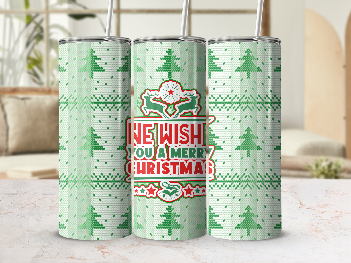 Green Christmas tree patterned tumbler with "I Wish You A Merry Christmas" text.