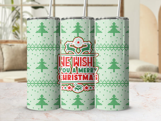 Green Christmas tree patterned tumbler with "I Wish You A Merry Christmas" text.