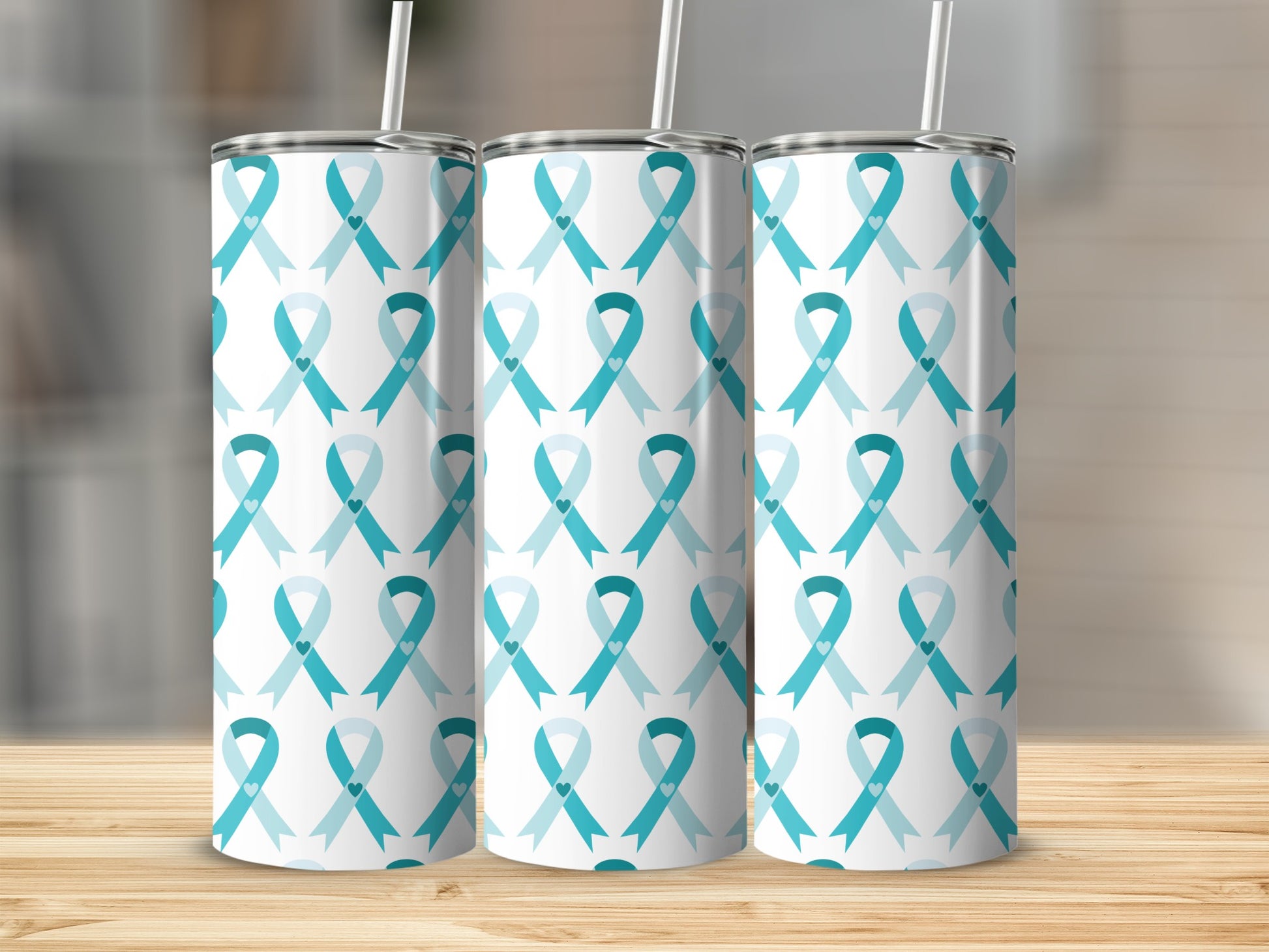Teal Ribbon Pattern Tumbler with Straw Flask