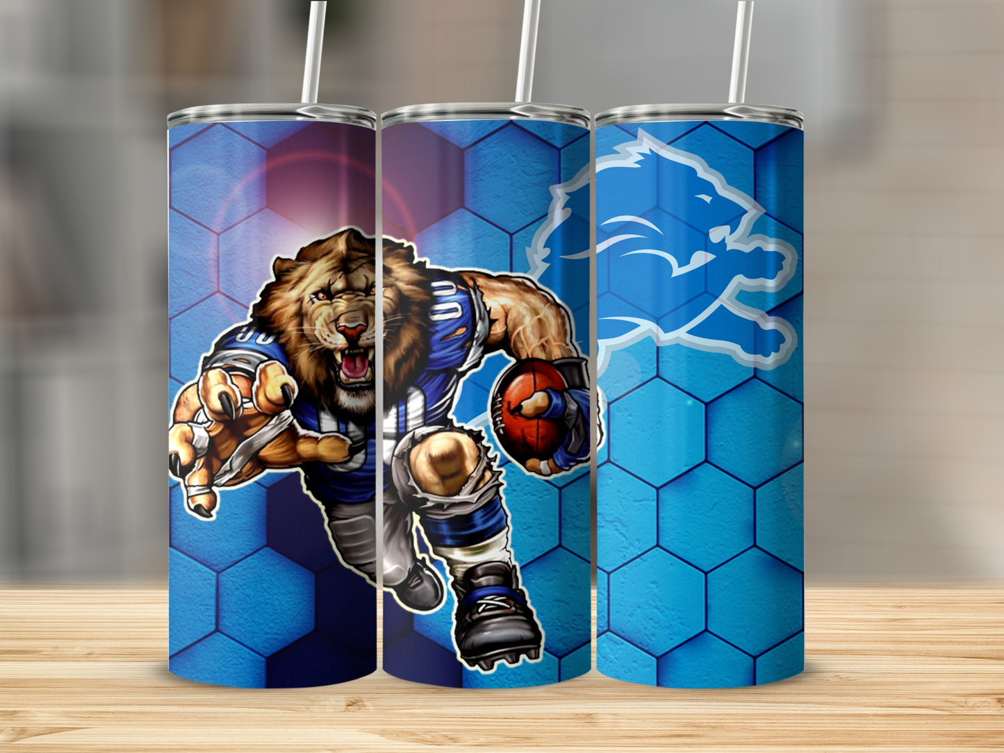 Detroit Lions Football Angry Lion Player Blue Background Tumblers