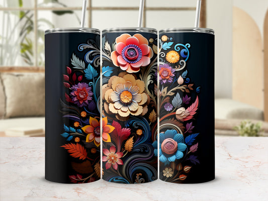 Three black tumblers decorated with colorful floral designs.