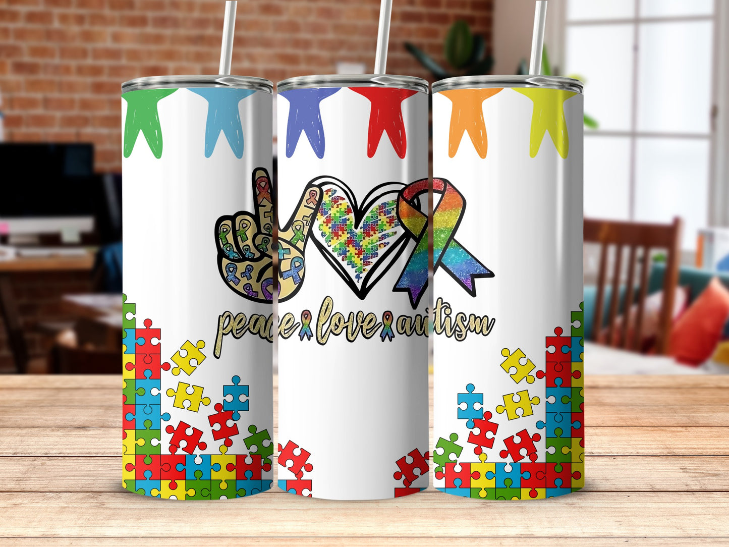 Peace Love Autism Colorful Tumbler Design