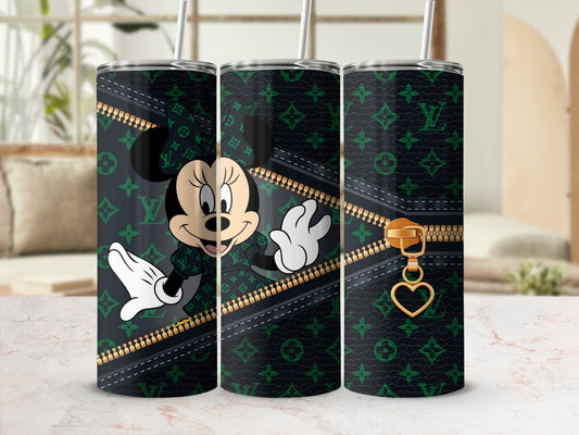 Mickey Mouse on a green and black monogrammed tumbler with gold zipper detail.