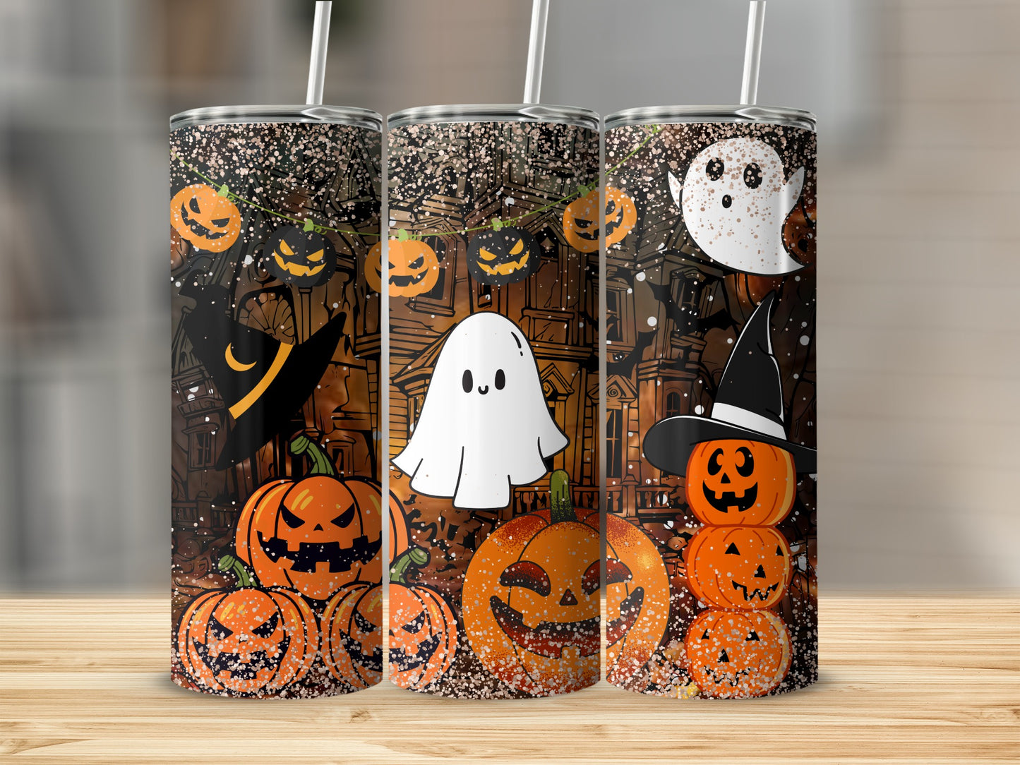 Spooky Halloween Ghosts and Pumpkins Design Tumbler
