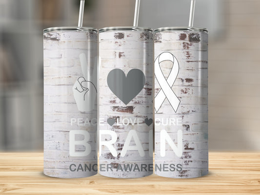 Peace Love Cure Brain Cancer Awareness tumbler