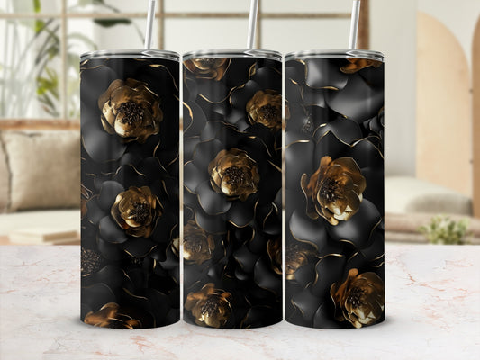 Triptych of black tumblers with embossed gold floral pattern.