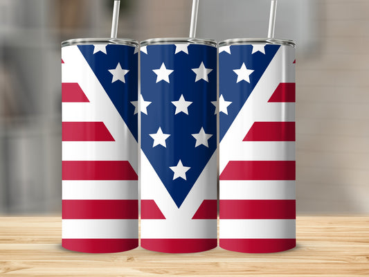 Three tumblers decorated with the American flag design.