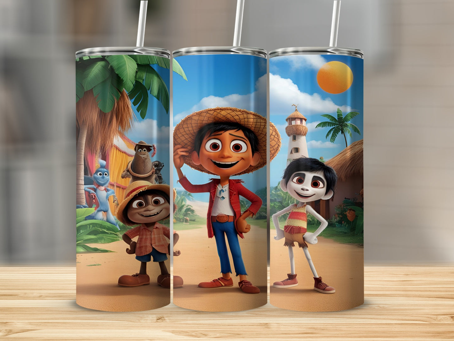 Three animated characters on a tropical beach with a lighthouse and palm trees.