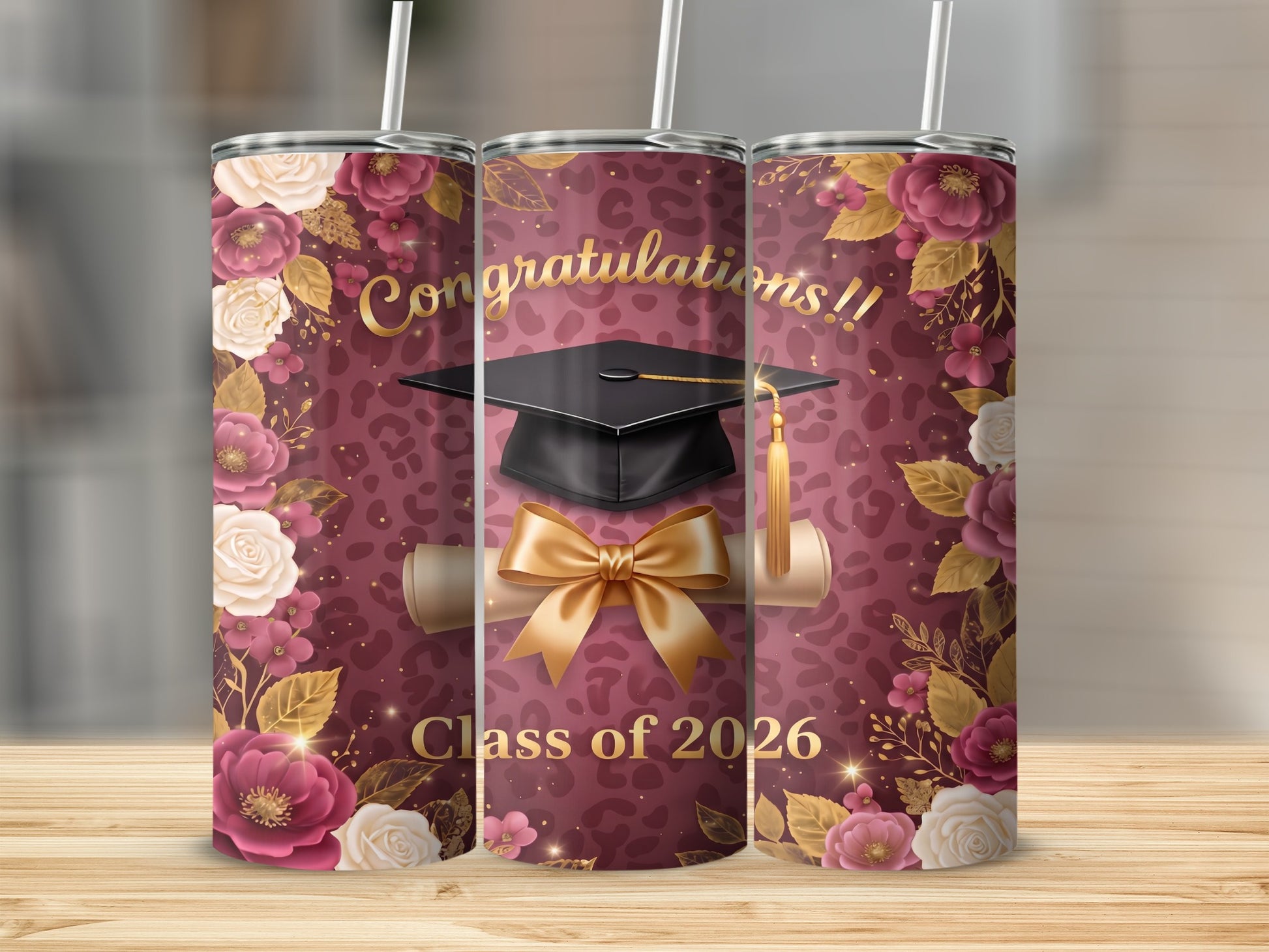Graduation tumbler with "Congratulations!!" and "Class of 2026" text.